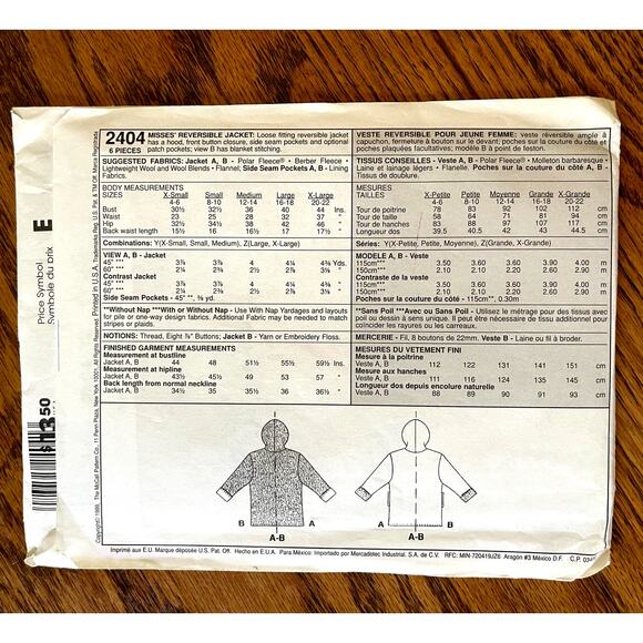UNCUT Vintage 1990s McCalls 2404 Sewing Pattern Womens Sz XXS-M Reversible Coat - Picture 2 of 2